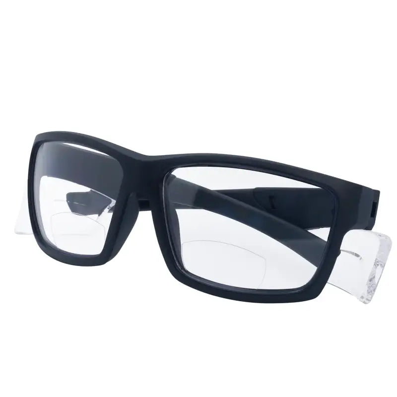 Black-framed bifocal safety reader glasses with side shields for high impact protection