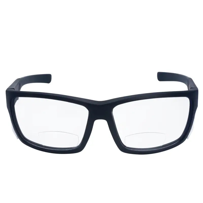 Black framed bifocal safety reader glasses with side shields for high impact protection