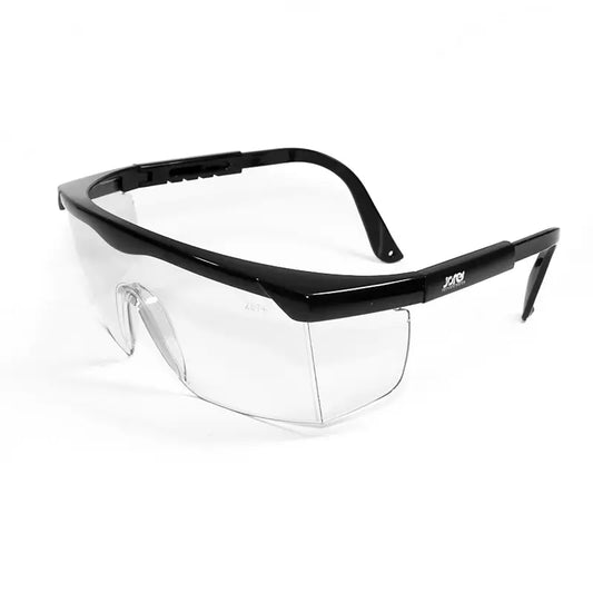 Black-framed clear safety glasses for high impact protection, ANSI Z87+ certified