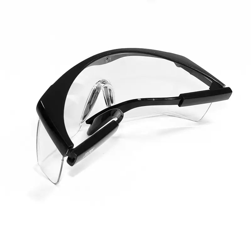 Black-framed safety glasses providing ANSI Z87+ certified high impact protection