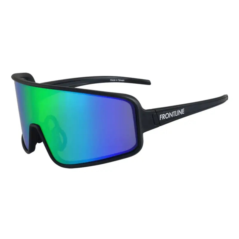 Black-framed Alpha Sunglasses with green-blue polarized mirrored shield lens