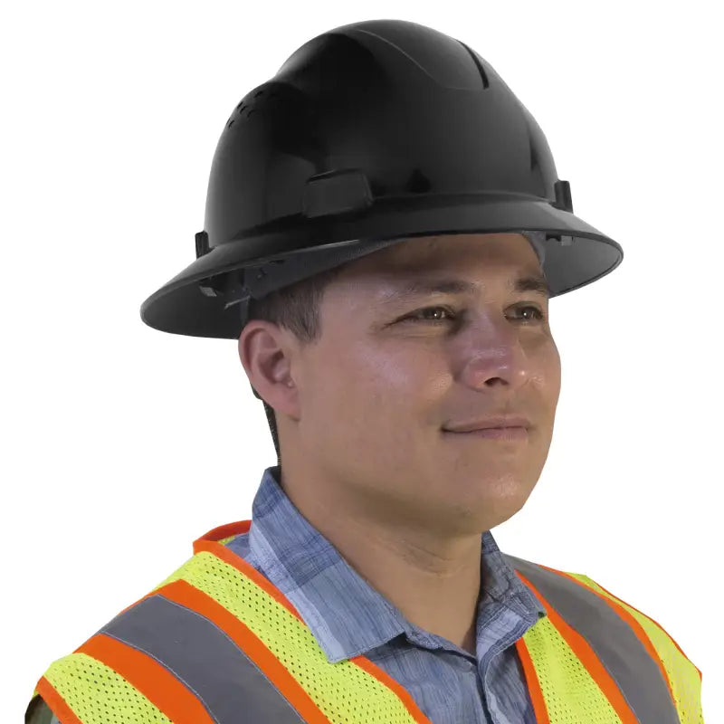 Black Full Brim Safety Hard Hat with 4 Point Suspension meets ANSI Z89 standards