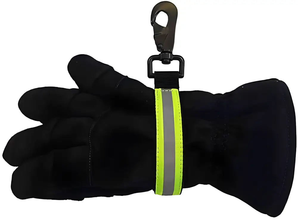 Black glove with neon yellow reflective strap for Heavy Duty Firefighter Glove Strap