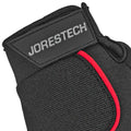 Black touchscreen safety work gloves with leather palms and red trim for enhanced grip