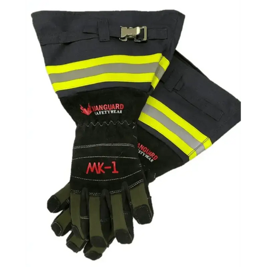 Black MK-1 Texas Long Cuff firefighting glove with cut resistance and yellow stripes