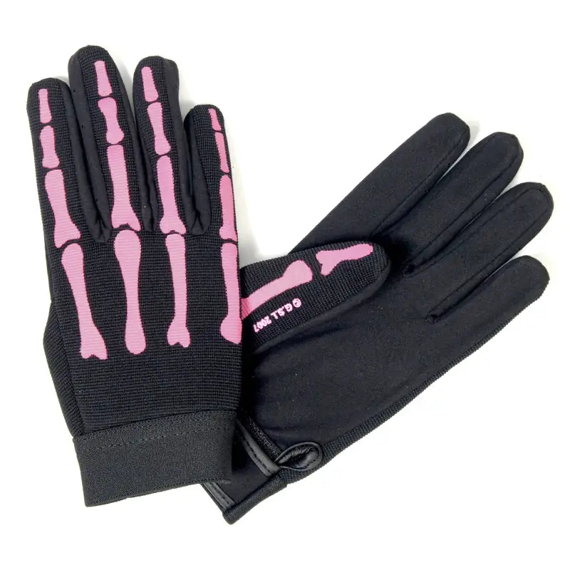 Black gloves with pink skeleton design, Hot Leathers GVL2006 Ladies Mechanics Gloves