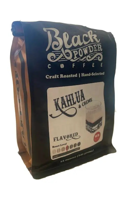 Black and gold Kahlua and Creme Flavored Coffee bag showcasing creme flavored coffee