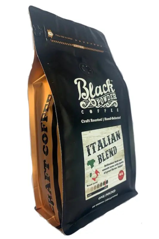 Black Powder Italian Blend dark roast coffee pouch for first responders, craft roasted