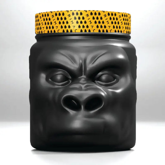 Black gorilla-shaped jar with yellow lid for HIGH STIM PREWORKOUT, a primal strength pre-primal pre-workout supplement