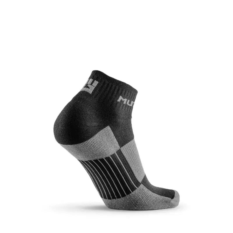 Black and gray MudGear Quarter athletic ankle sock with ribbed design for trail use