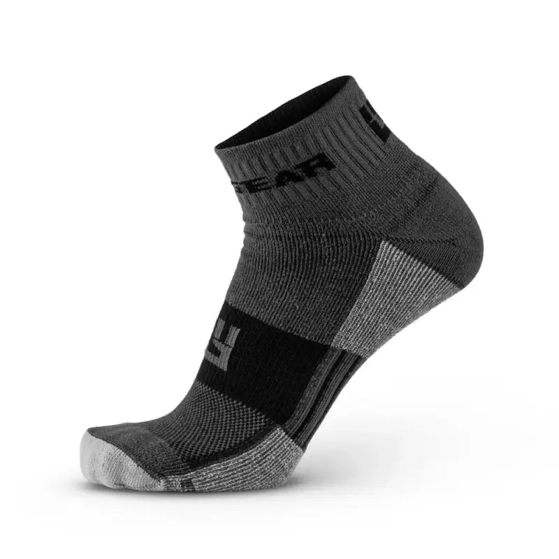 Black and gray MudGear Quarter Trail Socks with reinforced cushioning for comfort