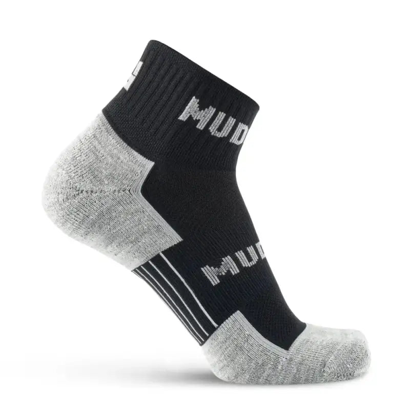 Black and gray MudGear Quarter crew merino wool socks with MUD branding