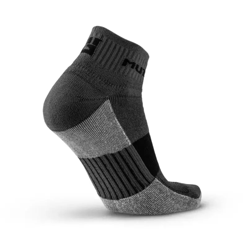 Black and gray MudGear Quarter athletic socks with cushioned zones and ribbed design