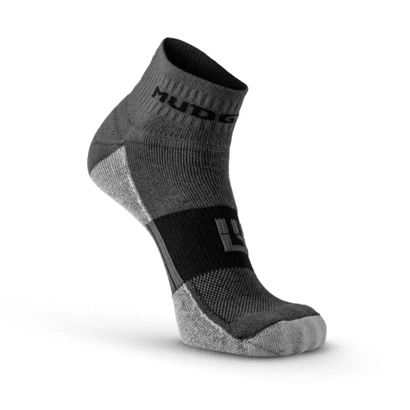 Black and gray MudGear Quarter trail socks with reinforced heel and toe for durability