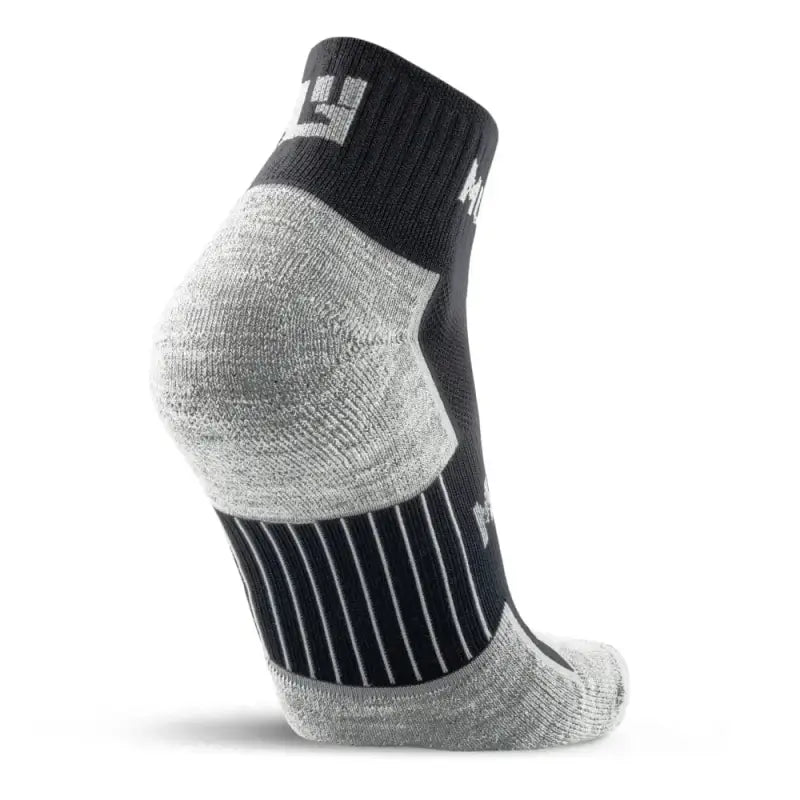 Black and gray MudGear Quarter Crew Merino Wool Socks with ribbed design for comfort