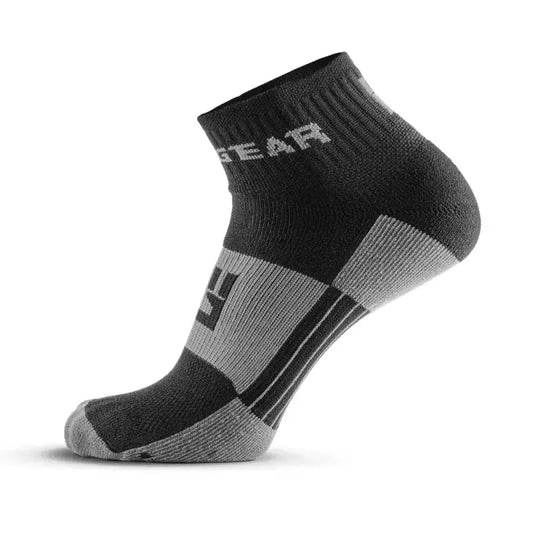 Black and gray MudGear Quarter trail socks with reinforced cushioning for comfort