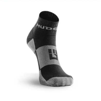 Black and gray MudGear Quarter trail sock featuring Craftsman Nate Banks branding