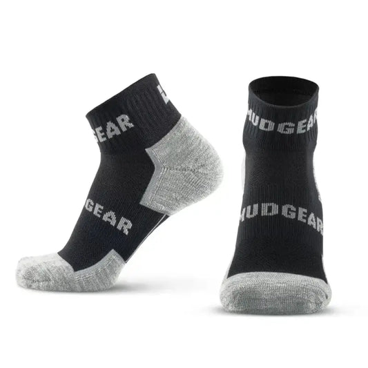 Black and gray MudGear Quarter Crew Merino Wool Socks with branding displayed