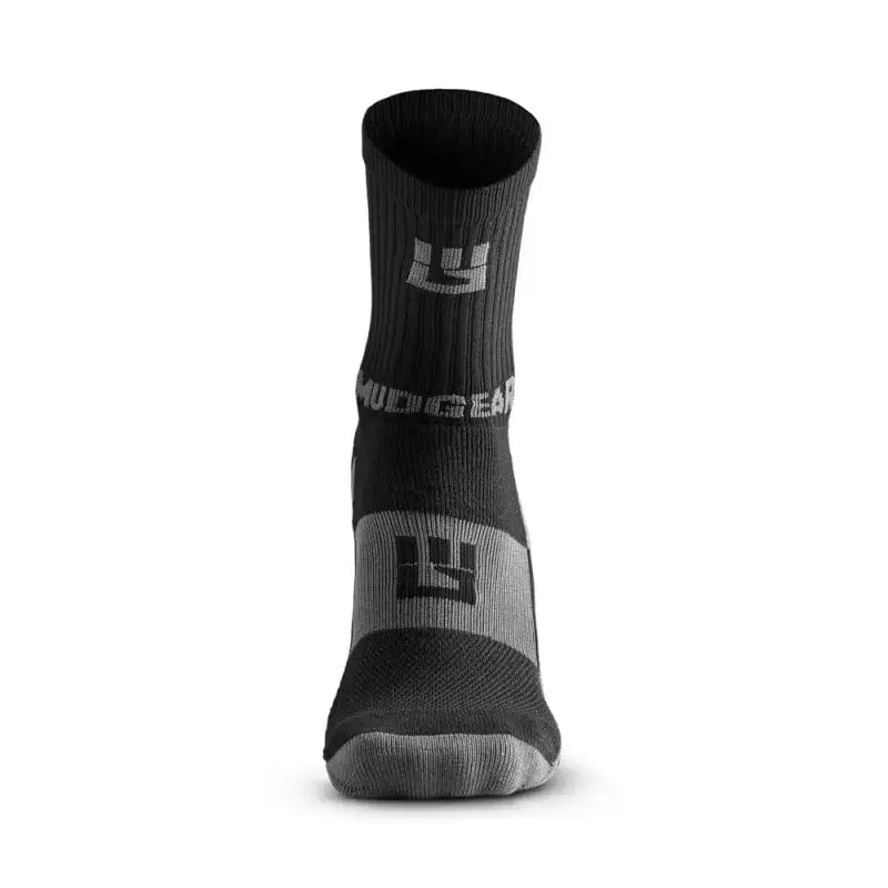 Black and gray Performance Hiking Trekking Sock with logo branding for mudgear hiking