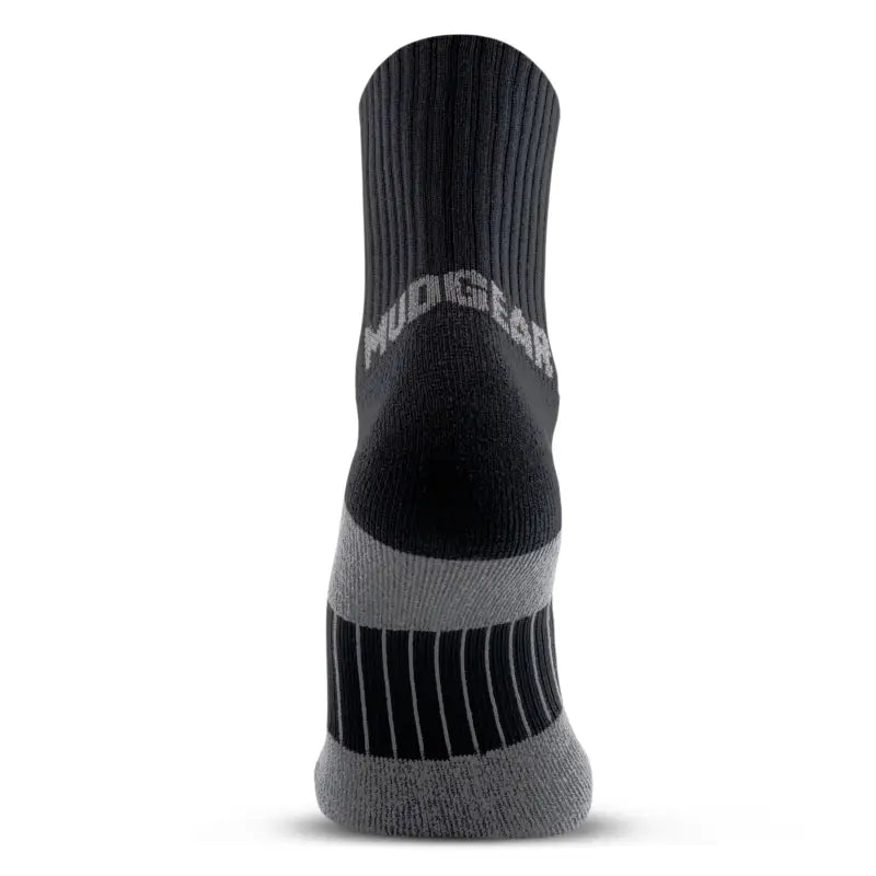 Black and gray MudGear 5” Crew Height Trail Running Sock with ribbed design and cushioning