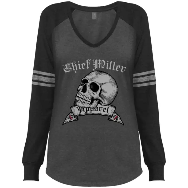 Black and gray long-sleeved v-neck shirt with skull design and Chief Miller text in heathered charcoal black