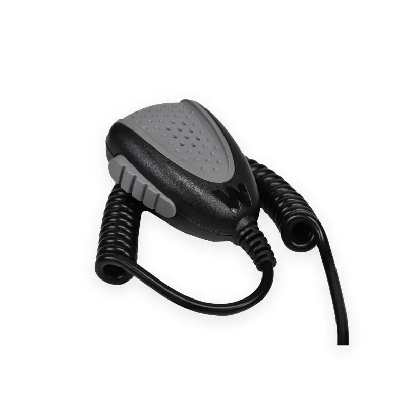 Black and gray microphone with coiled cord for Whelen Full Function Siren, ideal for first responders and firefighters