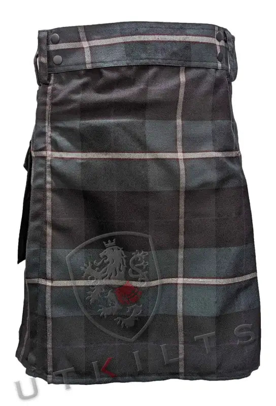 Black and gray plaid Utility Kilt with lion emblem in Midnight Sea Tartan design