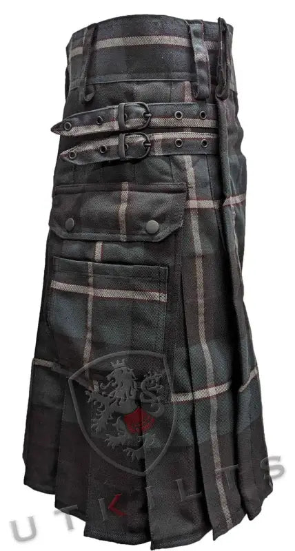 Black and gray plaid utility kilt with leather straps, Standard Midnight Sea Tartan design