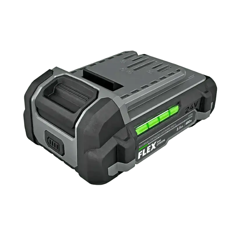 Black and gray FLEX FX0111-1 2.5Ah Lithium-Ion Battery with green indicator light