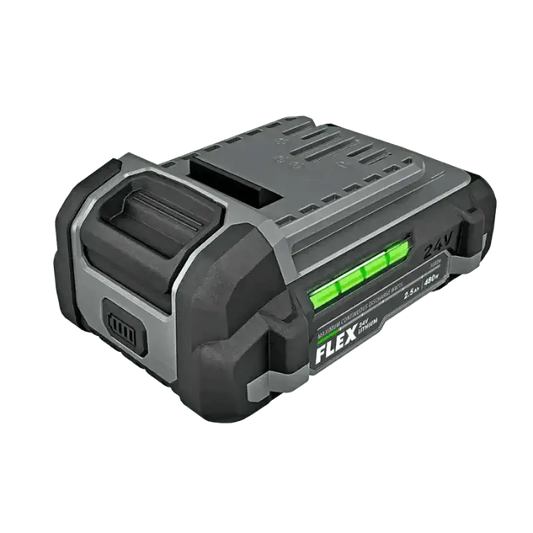 Black and gray FLEX FX0111-1 2.5Ah Lithium-Ion Battery with green indicator light