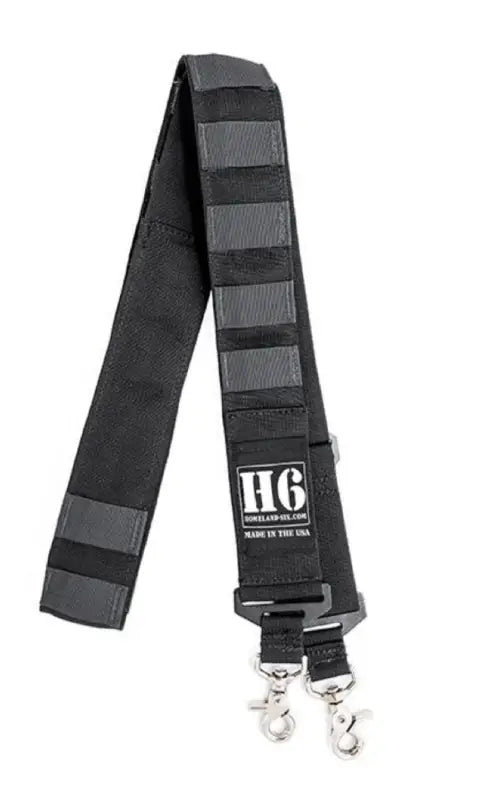 Black and gray striped IRON SERIES RADIO STRAP with gray tabs and metal swivel hooks