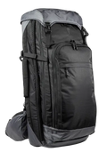 Black and gray tactical backpack with removable magazine pouch for discreet rifle storage