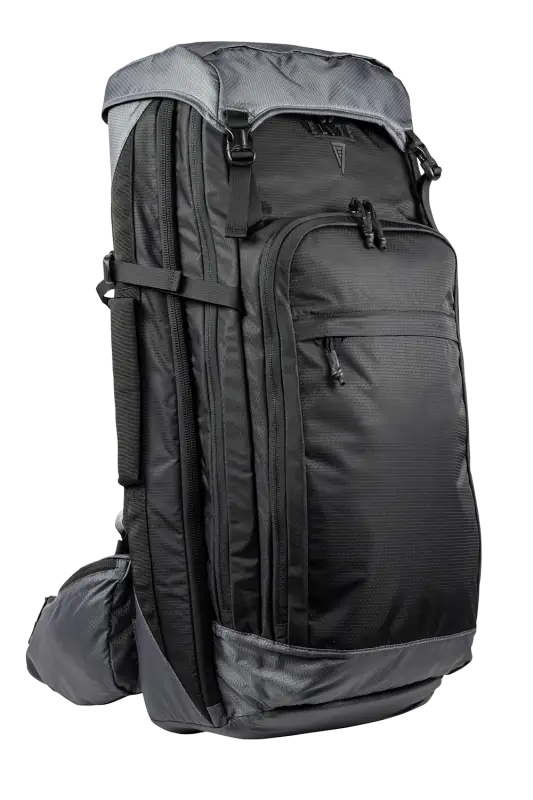 Black and gray tactical backpack with removable magazine pouch for discreet rifle storage