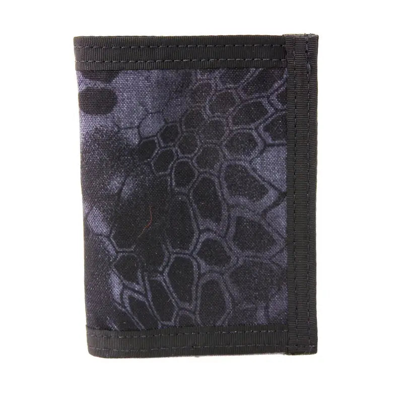 Black and gray trifold wallet with hexagonal pattern in Coyote Combat Leather design