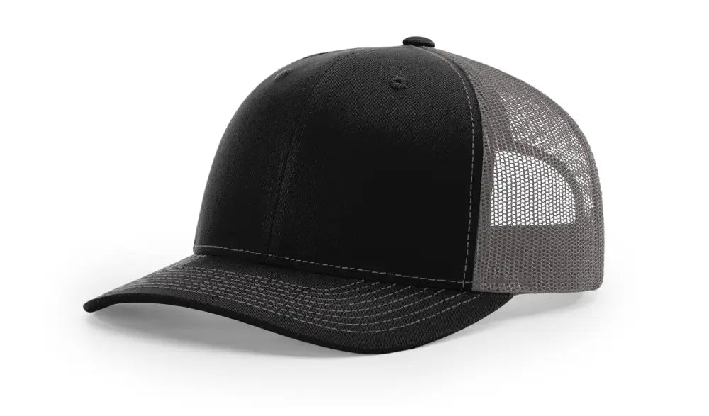 Black and gray trucker hat with leather patch for first responders and firefighters in Dumpster Fire collection