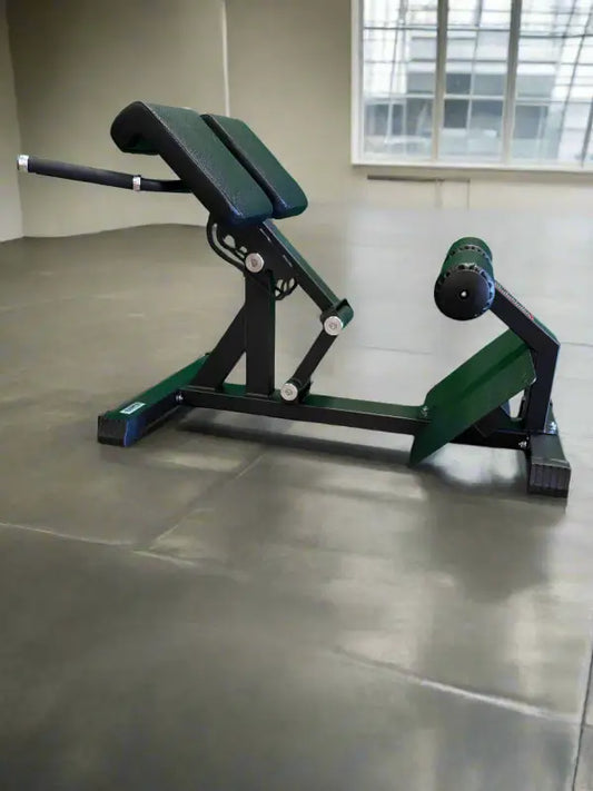 Black and green hyperextension bench for SFE Roman Chair workout equipment