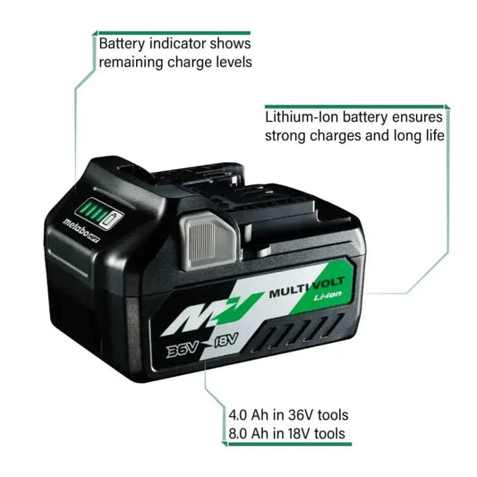 Black and green Metabo HPT 372121M 36V MultiVolt Battery with charge level indicator