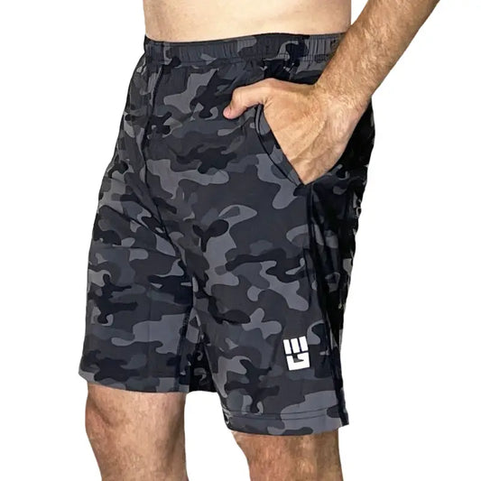 Black and gray camo freestyle running shorts with side pockets for men’s active wear