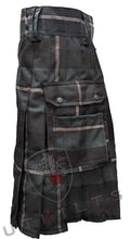 Black and grey camouflage Utility Kilt featuring cargo pockets and pleats