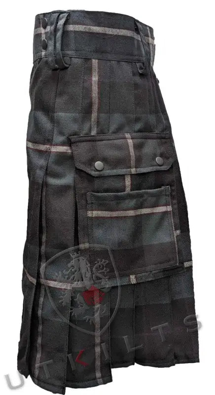 Black and grey camouflage Utility Kilt featuring cargo pockets and pleats