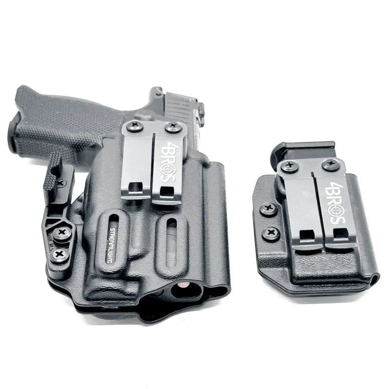 Black gun holster and magazine carrier for Sig P365XL with Four Brothers Holsters badge