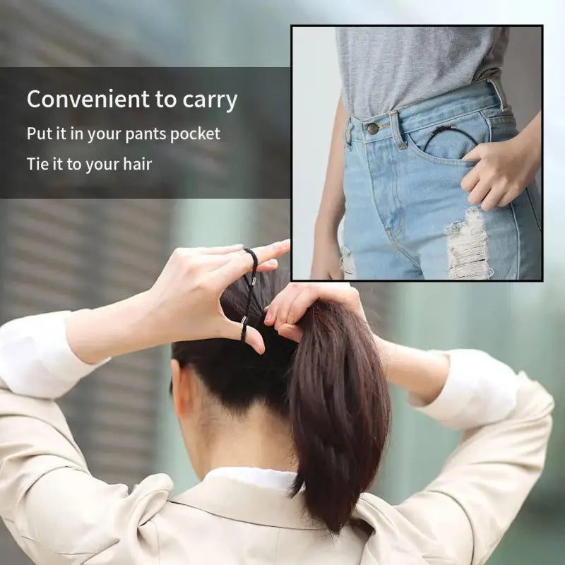 Black hair tie securing a ponytail alongside The Breaklet - Emergency Escape Bracelet