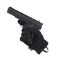 Black handgun held by a gloved hand wearing M-Tac Gloves Scout Tactical