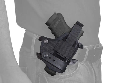 Black Belt Slide Holster for Sig Sauer and H&K, securely mounted on a belt