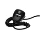Black handheld microphone with coiled cord for Whelen Full Function Siren, ideal for first responders and firefighters