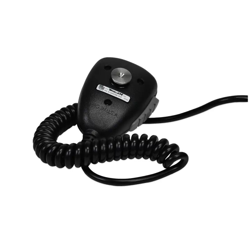 Black handheld microphone with coiled cord for Whelen Full Function Siren, ideal for first responders and firefighters