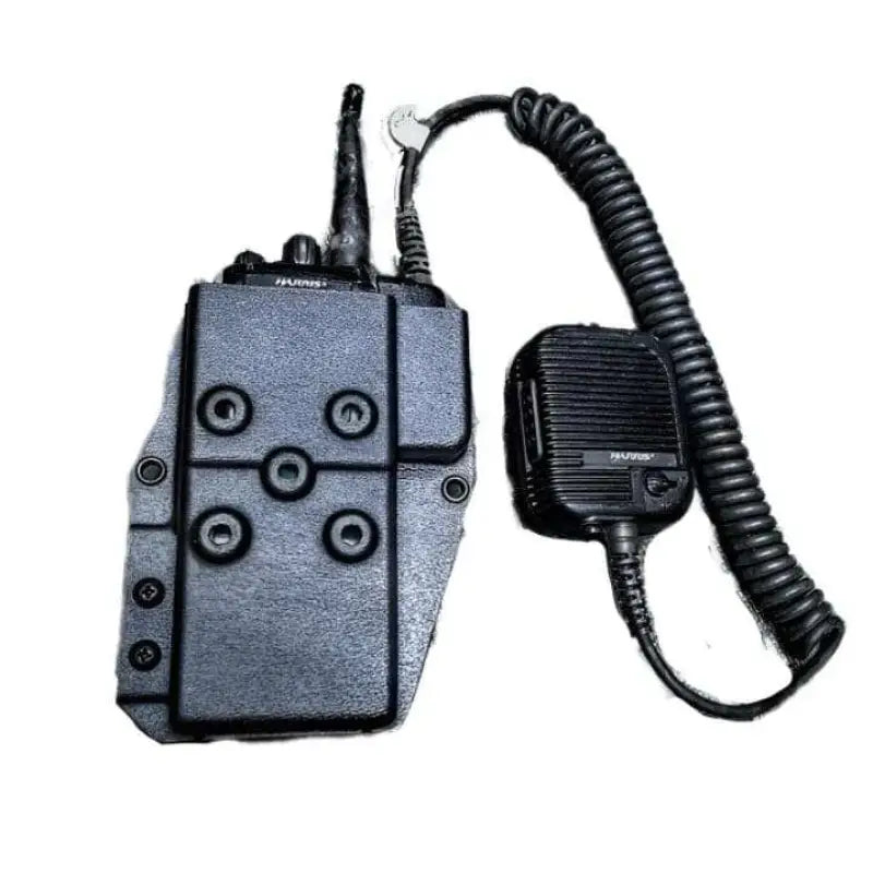 Black Harris XG-75 Radio in XG-75 Radio Holder with attached speaker microphone