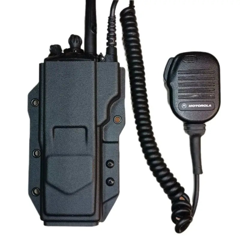 Black Motorola XTS two-way radio with speaker mic for law enforcement, adjustable retention