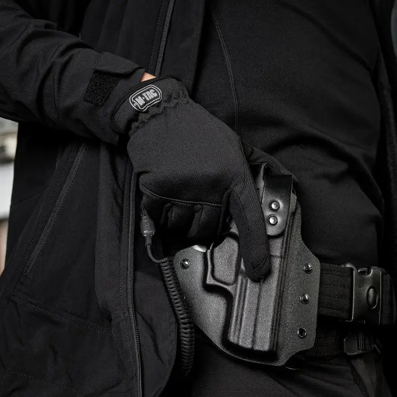 Black holstered handgun on tactical belt with M-Tac Gloves Scout Tactical Mk.2