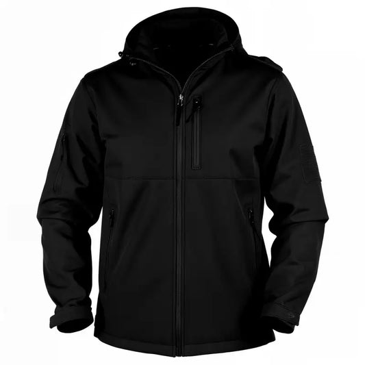 Black hooded softshell tactical jacket with hand pockets from Tactical Jacket Alpha